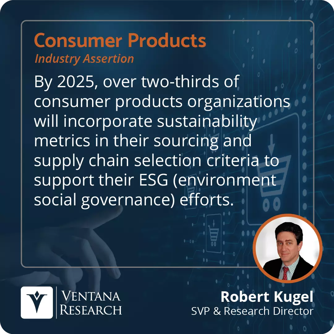 By 2025, over two-thirds of consumer products organizations will incorporate sustainability metrics in their sourcing and supply chain selection criteria to support their ESG (environment social governance) efforts.  