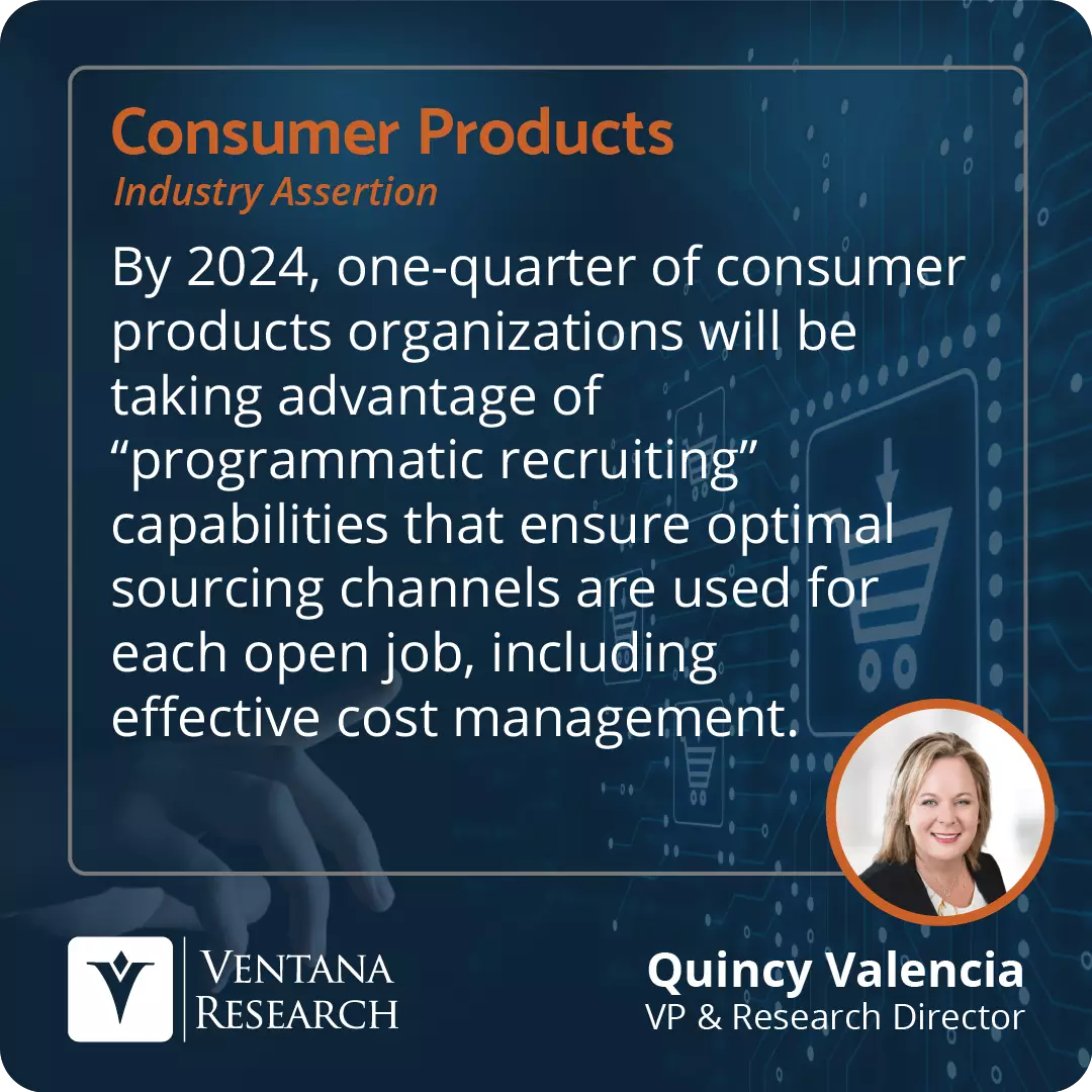 By 2024, one-quarter of consumer products organizations will be taking advantage of “programmatic recruiting” capabilities that ensure optimal sourcing channels are used for each open job, including effective cost management.  