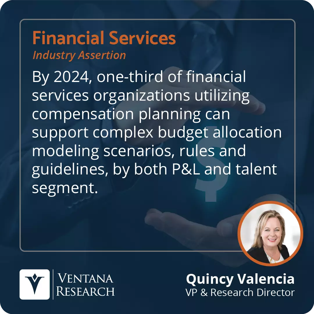 By 2024, one-third of financial services organizations utilizing compensation planning can support complex budget allocation modeling scenarios, rules and guidelines, by both P&L and talent segment.