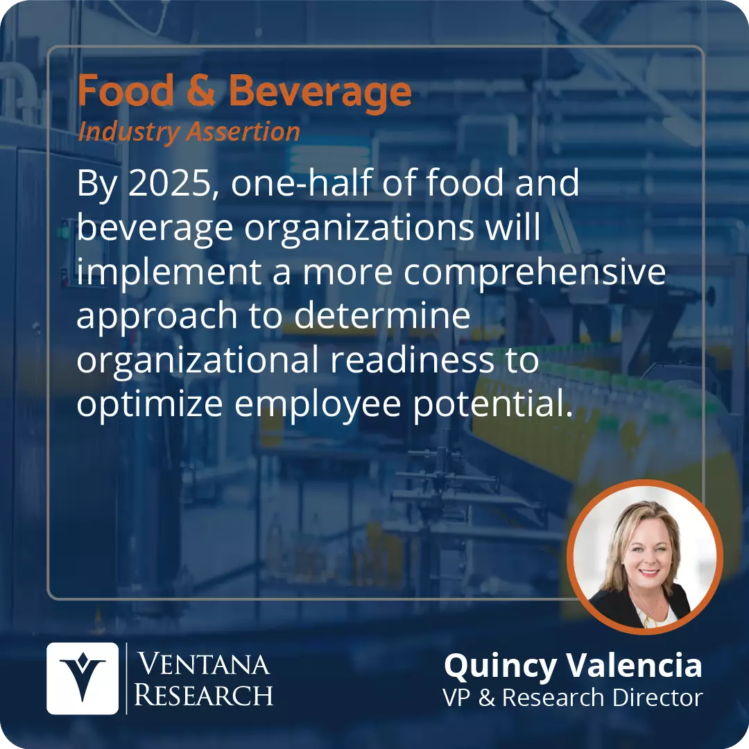 By 2025, one-half of food and beverage organizations will implement a more comprehensive approach to determine organizational readiness to optimize employee potential.  