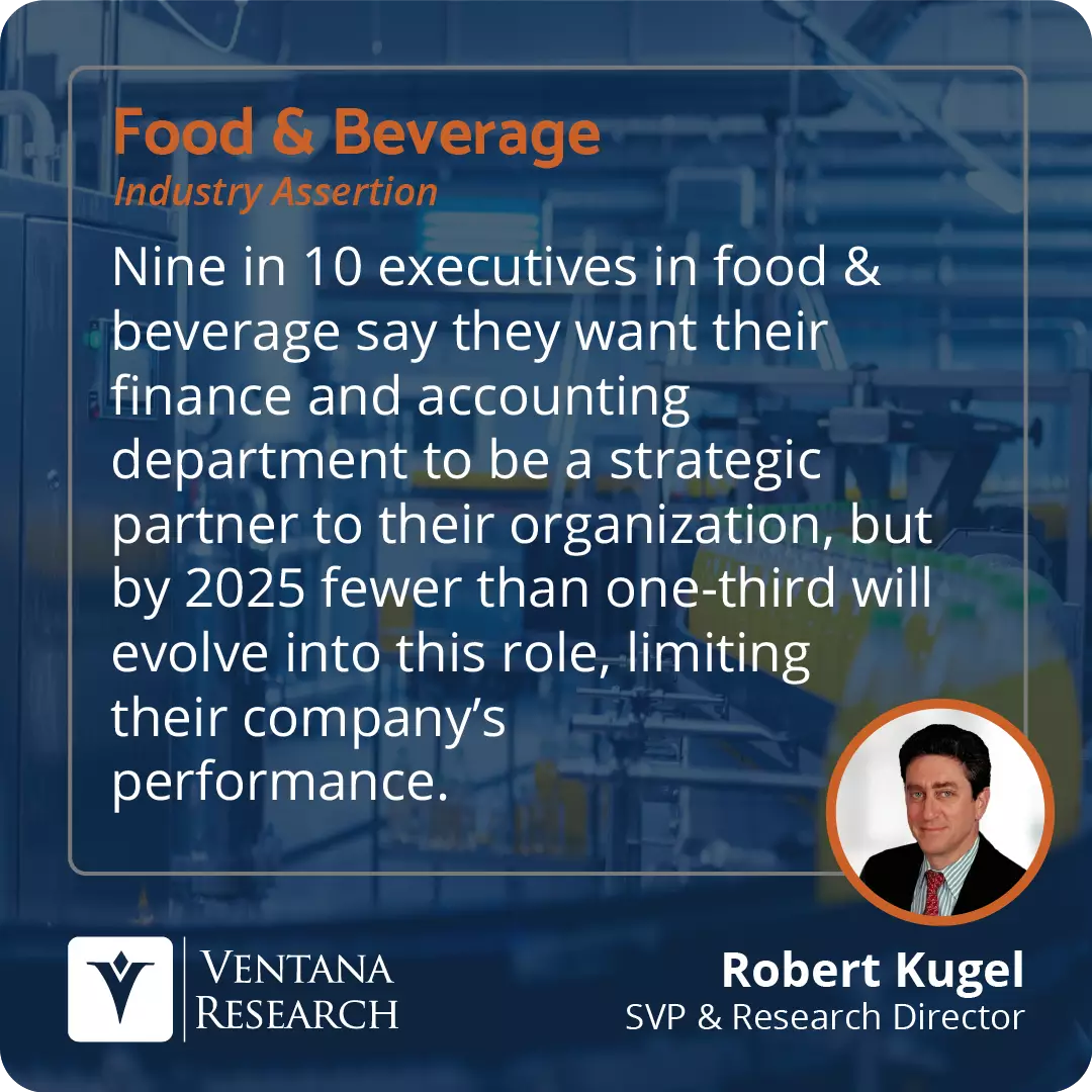 Nine in 10 executives in food & beverage say they want their finance and accounting department to be a strategic partner to their organization, but by 2025 fewer than one-third will evolve into this role, limiting their company’s performance. 