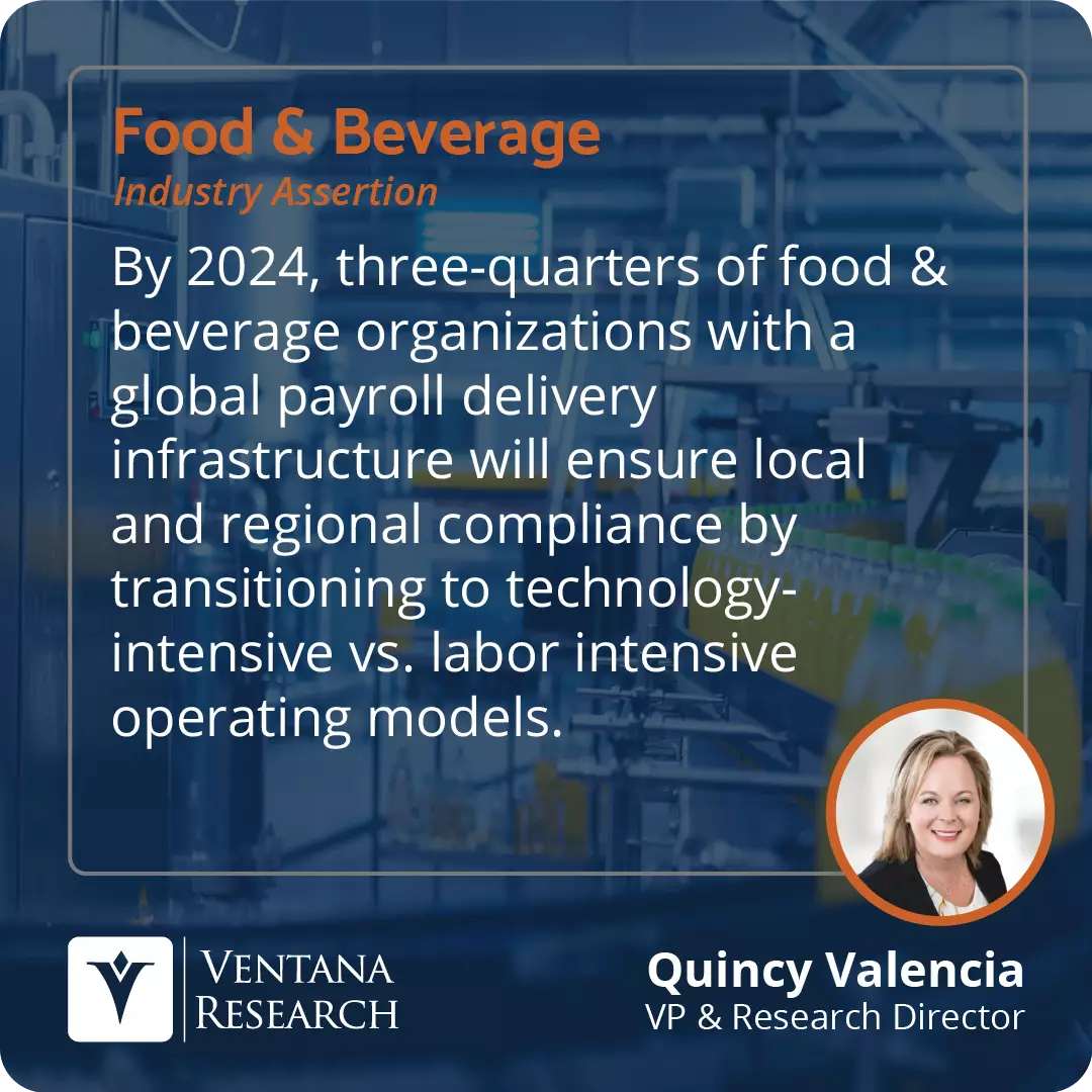 By 2024, three-quarters of food & beverage organizations with a global payroll delivery infrastructure will ensure local and regional compliance by transitioning to technology-intensive vs. labor intensive operating models.  