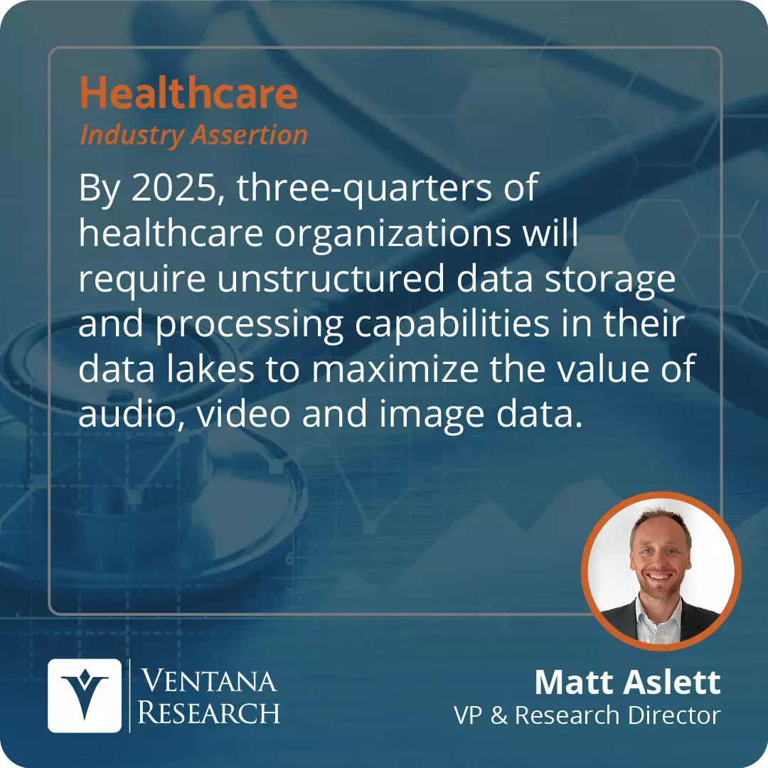 By 2025, three-quarters of healthcare organizations will require unstructured data storage and processing capabilities in their data lakes to maximize the value of audio, video and image data. 