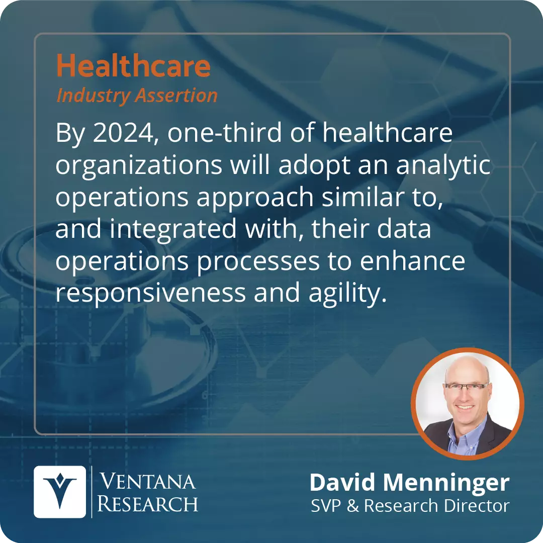 By 2024, one-third of healthcare organizations will adopt an analytic operations approach similar to, and integrated with, their data operations processes to enhance responsiveness and agility.  