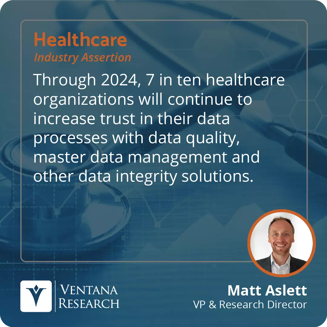 Through 2024, 7 in ten healthcare organizations will continue to increase trust in their data processes with data quality, master data management and other data integrity solutions.  