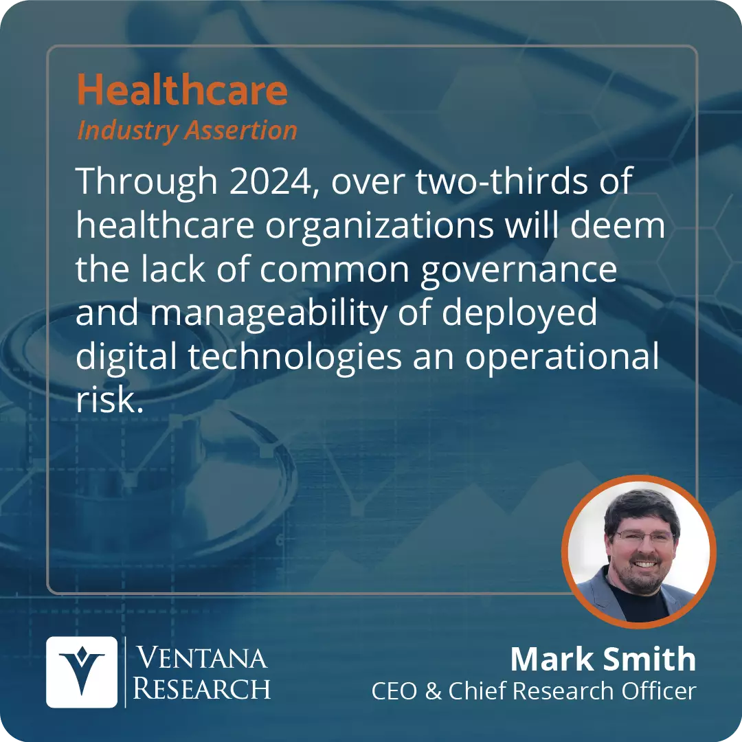 Through 2024, over two-thirds of healthcare organizations will deem the lack of common governance and manageability of deployed digital technologies an operational risk.  