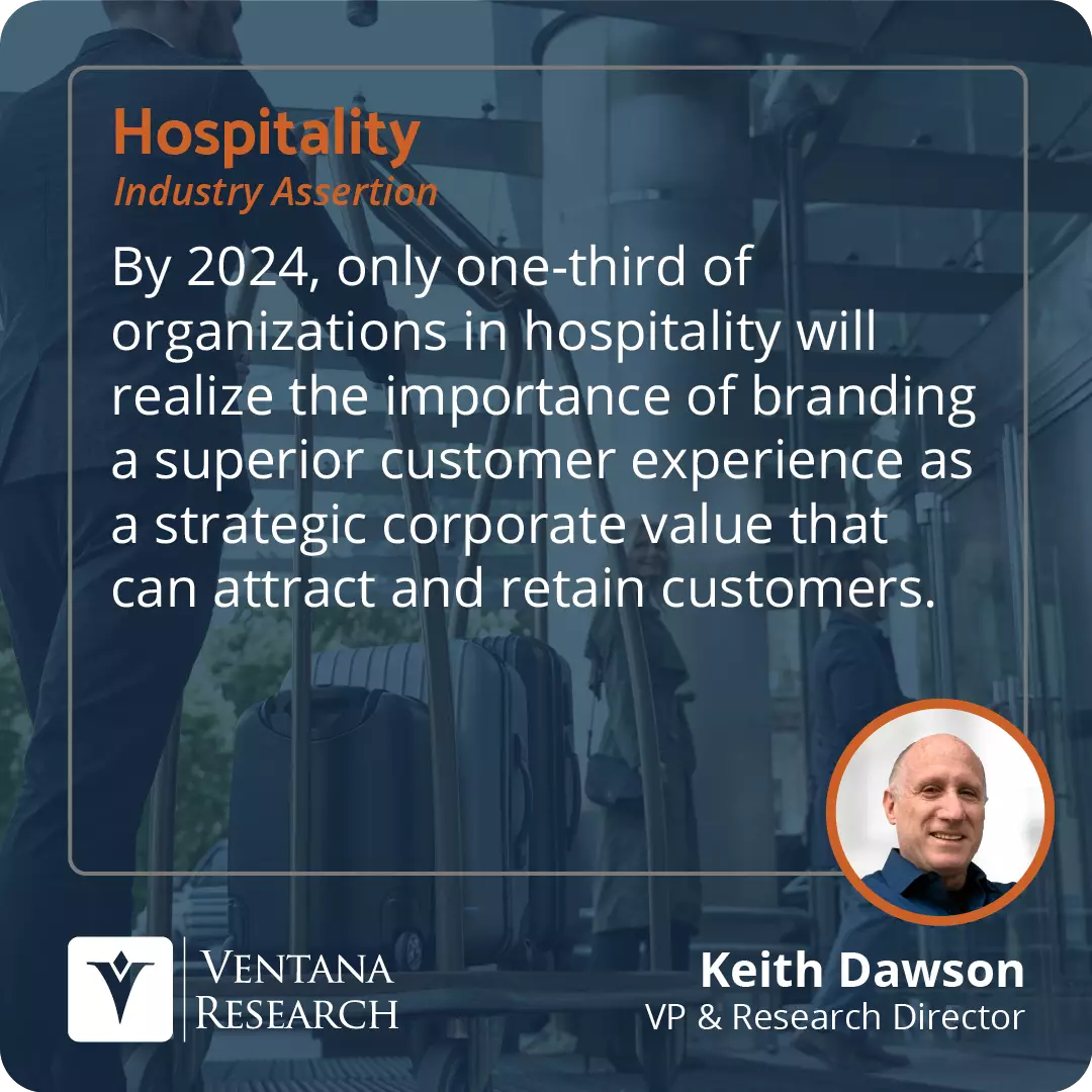 By 2024, only one-third of organizations in hospitality will realize the importance of branding a superior customer experience as a strategic corporate value that can attract and retain customers. 