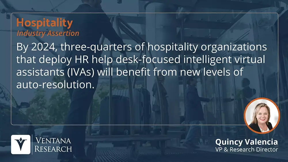 By 2024, three-quarters of hospitality organizations that deploy HR help desk-focused intelligent virtual assistants (IVAs) will benefit from new levels of auto-resolution.  