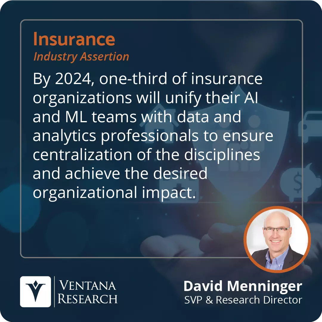 By 2024, one-third of insurance organizations will unify their AI and ML teams with data and analytics professionals to ensure centralization of the disciplines and achieve the desired organizational impact.  
