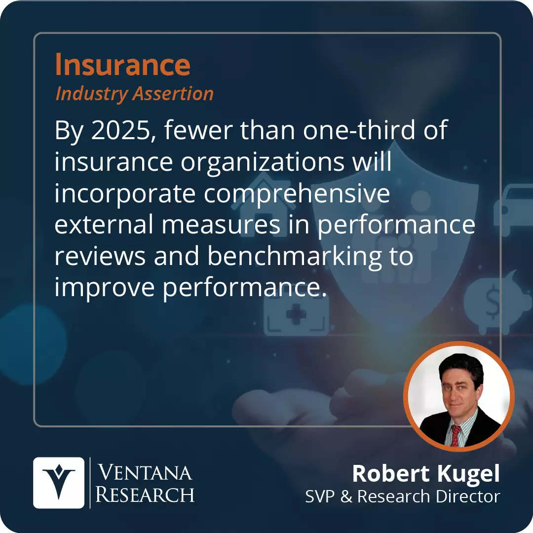 By 2025, fewer than one-third of insurance organizations will incorporate comprehensive external measures in performance reviews and benchmarking to improve performance.  