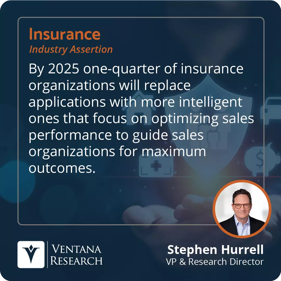 By 2025 one-quarter of insurance organizations will replace applications with more intelligent ones that focus on optimizing sales performance to guide sales organizations for maximum outcomes.  