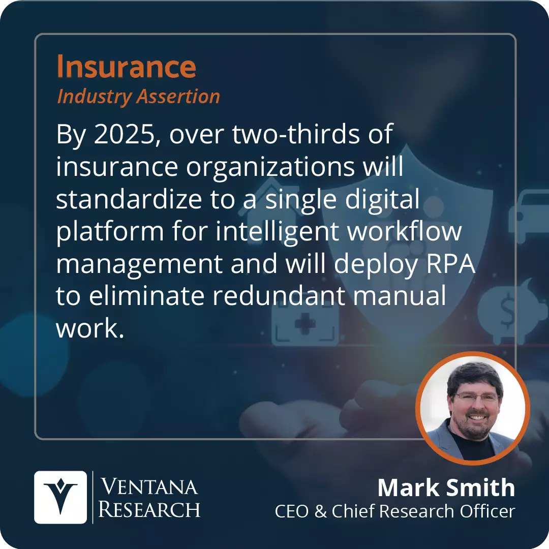 By 2025, over two-thirds of insurance organizations will standardize to a single digital platform for intelligent workflow management and will deploy RPA to eliminate redundant manual work.