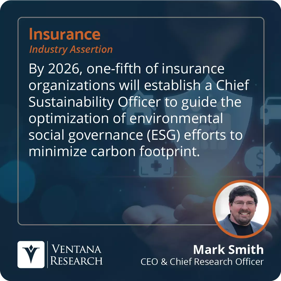 By 2026, one-fifth of insurance organizations will establish a Chief Sustainability Officer to guide the optimization of environmental social governance (ESG) efforts to minimize carbon footprint.  