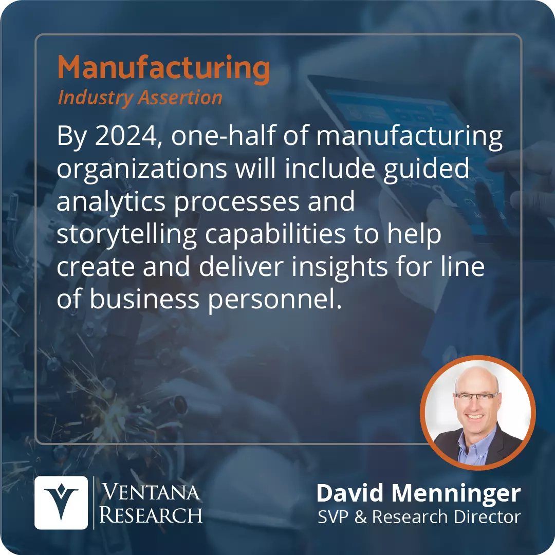By 2024, one-half of manufacturing organizations will include guided analytics processes and storytelling capabilities to help create and deliver insights for line of business personnel.