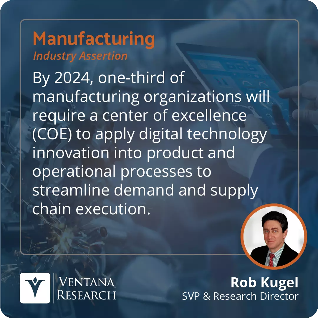 By the end of 2024, one-third of manufacturing organizations will find their supply chain applications ineffective in providing intelligence to the workforce supporting the demand chain.  