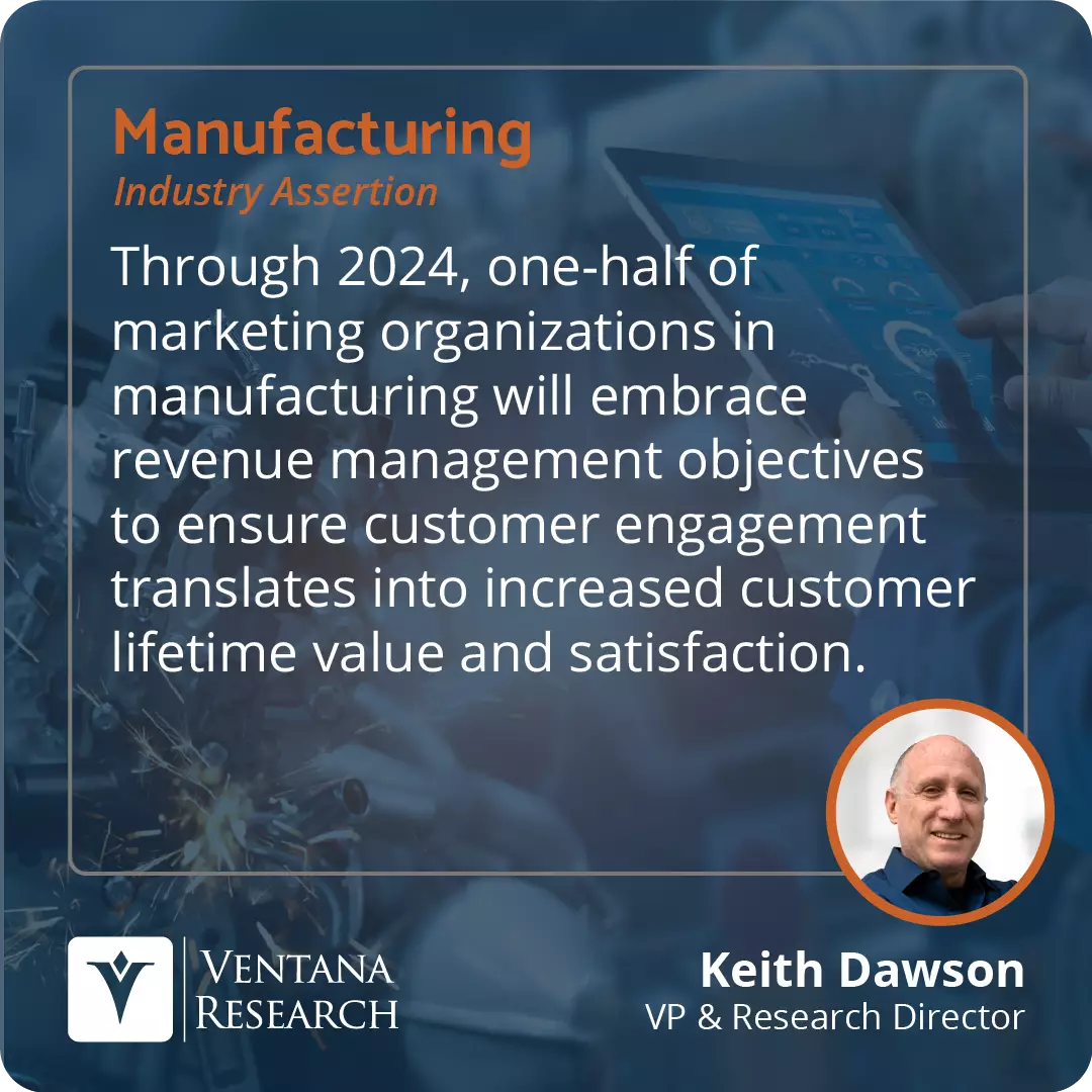 Through 2024, one-half of marketing organizations in manufacturing will embrace revenue management objectives to ensure customer engagement translates into increased customer lifetime value and satisfaction. 