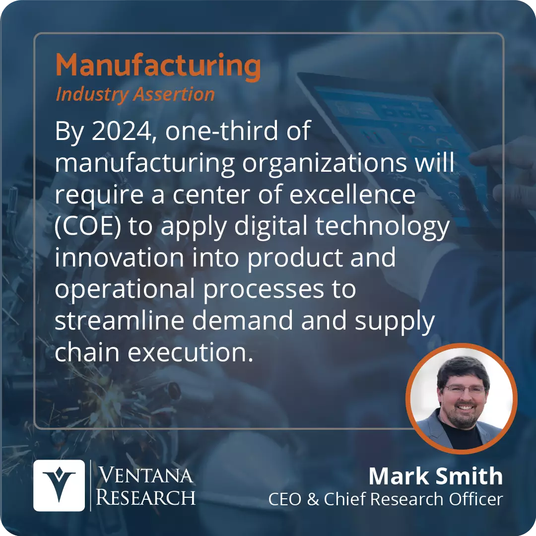 By 2024, one-third of manufacturing organizations will require a center of excellence (COE) to apply digital technology innovation into product and operational processes to streamline demand and supply chain execution. 