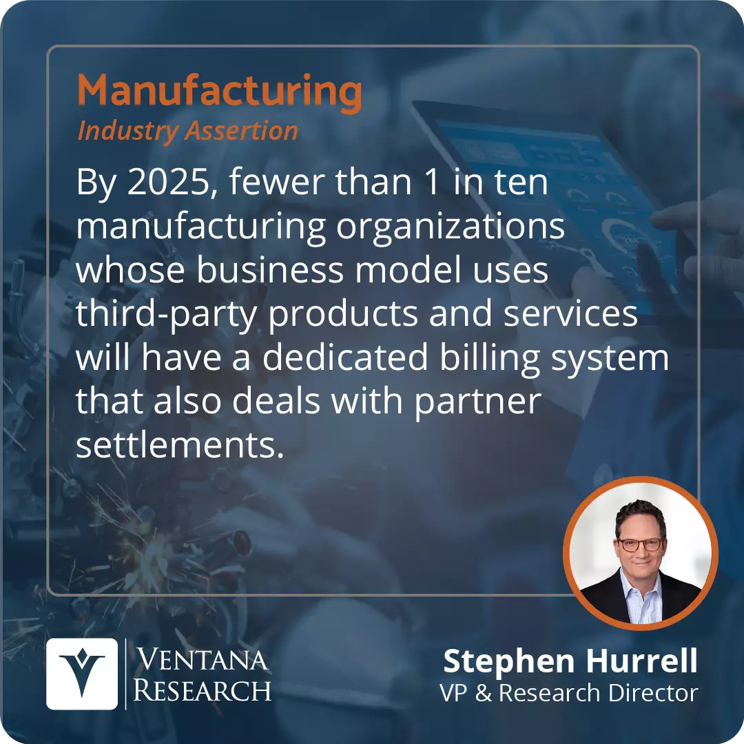 By 2025, fewer than 1 in ten manufacturing organizations whose business model uses third-party products and services will have a dedicated billing system that also deals with partner settlements.  