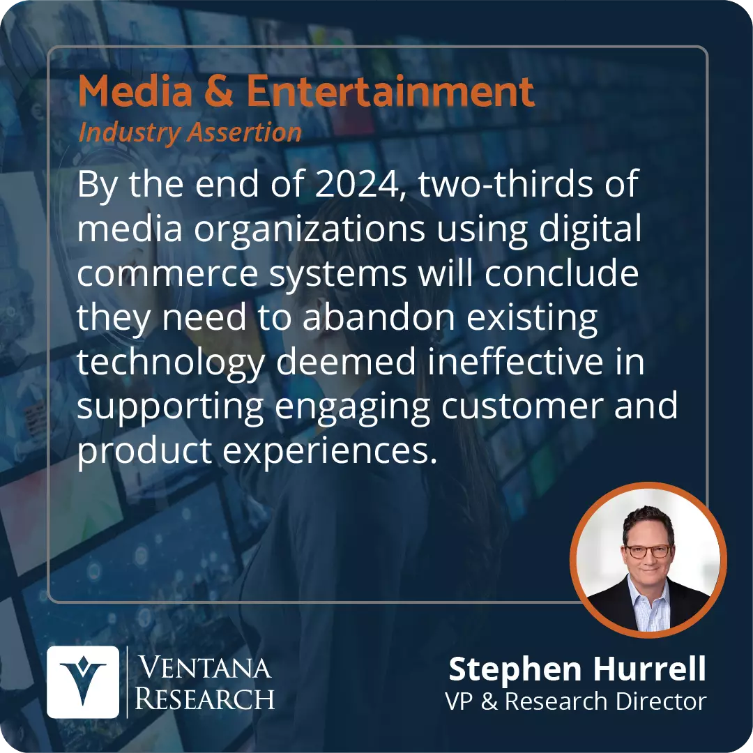 By the end of 2024, two-thirds of media organizations using digital commerce systems will conclude they need to abandon existing technology deemed ineffective in supporting engaging customer and product experiences.  
