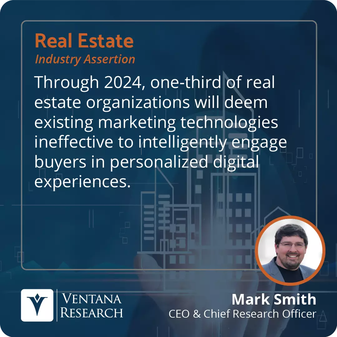Through 2024, one-third of real estate organizations will deem existing marketing technologies ineffective to intelligently engage buyers in personalized digital experiences. 