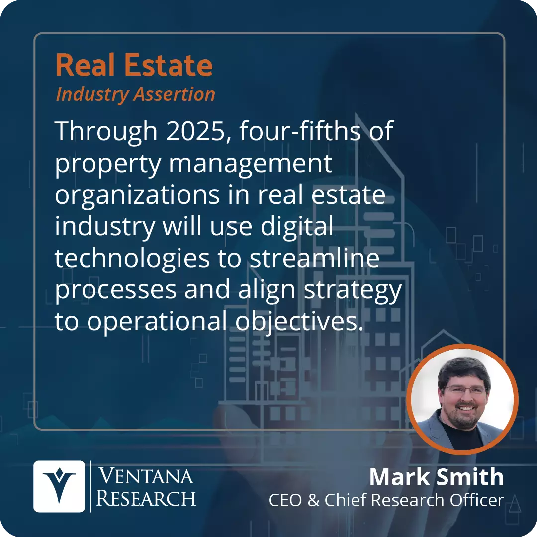 Through 2025, four-fifths of property management organizations in real estate industry will use digital technologies to streamline processes and align strategy to operational objectives.  