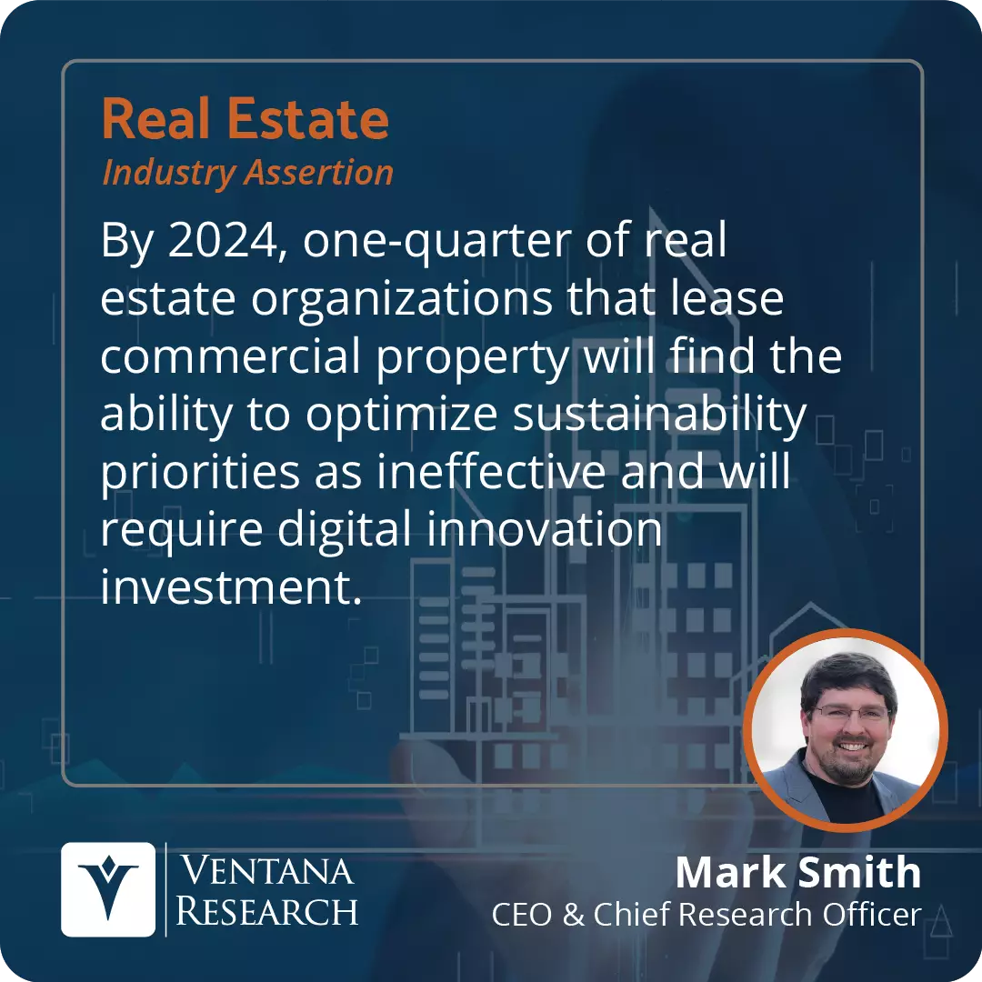 By 2024, one-quarter of real estate organizations that lease commercial property will find the ability to optimize sustainability priorities as ineffective and will require digital innovation investment. 