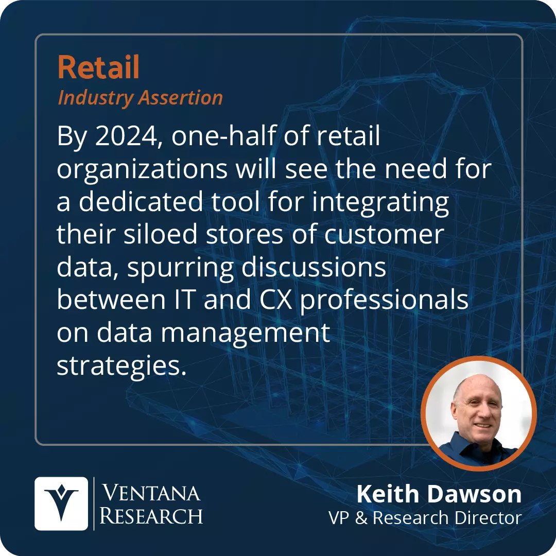 By 2024, one-half of retail organizations will see the need for a dedicated tool for integrating their siloed stores of customer data, spurring discussions between IT and CX professionals on data management strategies.  