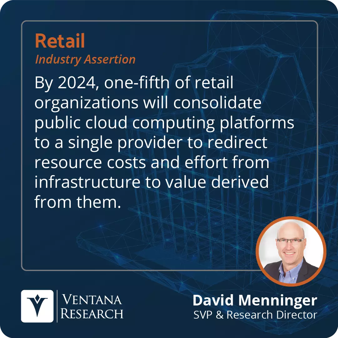 By 2024, one-fifth of retail organizations will consolidate public cloud computing platforms to a single provider to redirect resource costs and effort from infrastructure to value derived from them.  