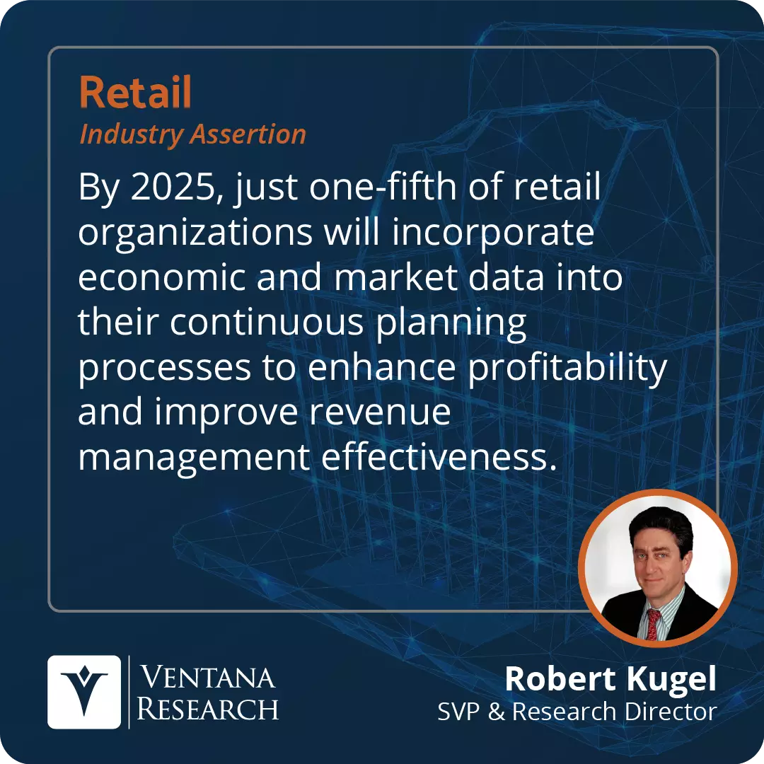 By 2025, just one-fifth of retail organizations will incorporate economic and market data into their continuous planning processes to enhance profitability and improve revenue management effectiveness.  