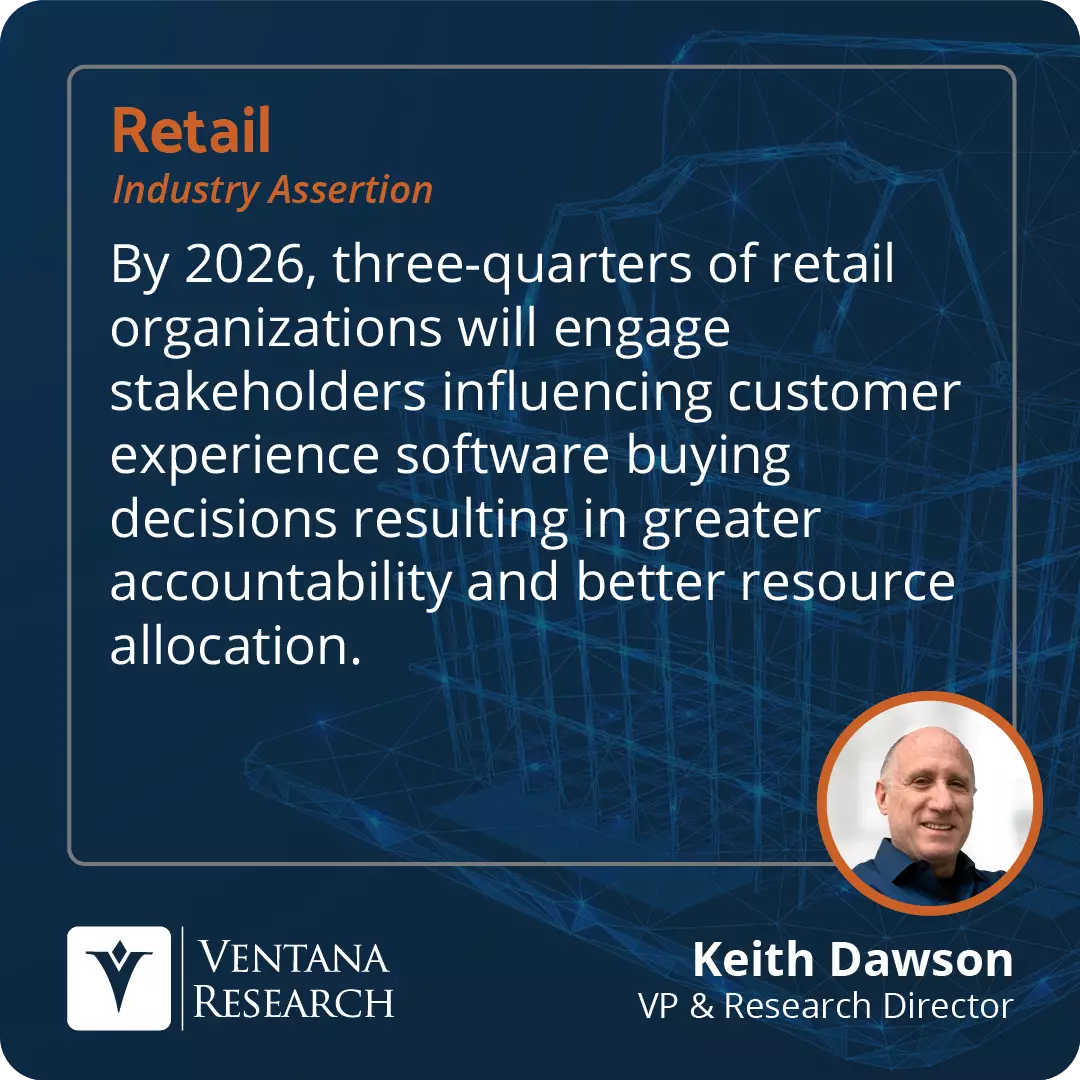 By 2026, three-quarters of retail organizations will engage stakeholders influencing customer experience software buying decisions resulting in greater accountability and better resource allocation.   