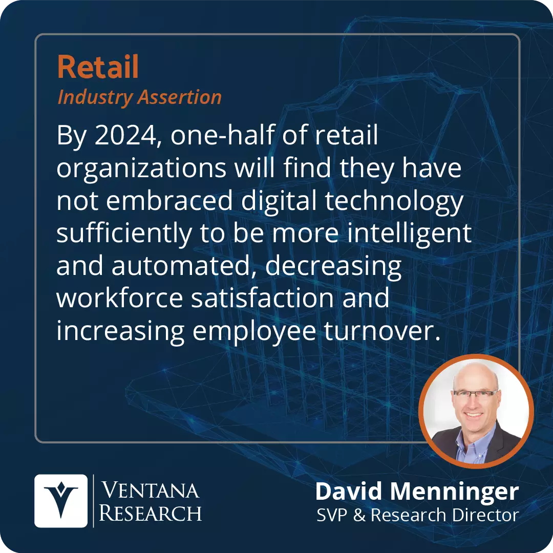 By 2024, one-half of retail organizations will find they have not embraced digital technology sufficiently to be more intelligent and automated, decreasing workforce satisfaction and increasing employee turnover.  