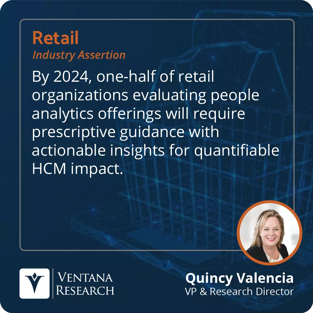 By 2024, one-half of retail organizations evaluating people analytics offerings will require prescriptive guidance with actionable insights for quantifiable HCM impact. 