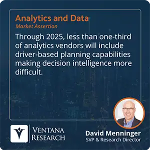Through 2025, less than one-third of analytics vendors will include driver-based planning capabilities making decision intelligence more difficult.