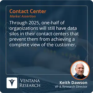 Through 2025, one-half of organizations will still have data silos in their contact centers that prevent them from achieving a complete view of the customer.  