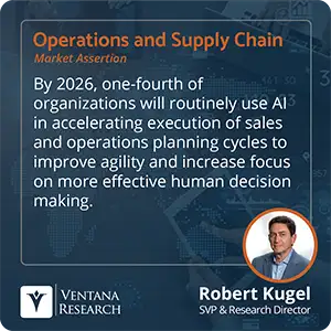 By 2026 one-fourth of organizations will routinely use AI in accelerating execution of sales and operations planning cycles to improve agility and increase focus on more effective human decision making. 