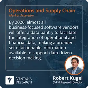 By 2026, almost all business-focused software vendors will offer a data pantry to facilitate the integration of operational and financial data, making a broader set of actionable information available to support data-driven decision making. 