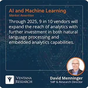Through 2025, 9 in 10 vendors will expand the reach of analytics with further investment in both natural language processing and embedded analytics capabilities. 