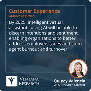 By 2025, intelligent virtual assistants using AI will be able to discern intentions and sentiment, enabling organizations to better address employee issues and stem agent burnout and turnover.