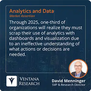 Through 2025, one-third of organizations will realize they must scrap their use of analytics with dashboards and visualization due to an ineffective understanding of what actions or decisions are needed. 