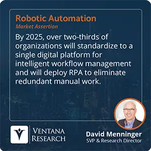 By 2025, over two-thirds of organizations will standardize to a single digital platform for intelligent workflow management and will deploy RPA to eliminate redundant manual work. 