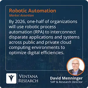 By 2026, one-half of organizations will use robotic process automation (RPA) to interconnect disparate applications and systems across public and private cloud computing environments to optimize digital efficiencies. 