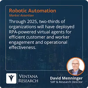 Through 2025, two-thirds of organizations will have deployed RPA-powered virtual agents for efficient customer and worker engagement and operational effectiveness. 