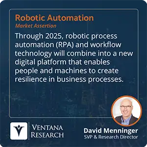 Through 2025, robotic process automation (RPA) and workflow technology will combine into a new digital platform that enables people and machines to create resilience in business processes.  