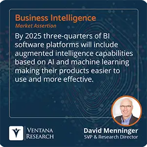 By 2025 three-quarters of BI software platforms will include augmented intelligence capabilities based on AI and machine learning making their products easier to use and more effective.