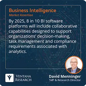 By 2025, 8 in 10 BI software platforms will include collaborative capabilities designed to support organizations’ decision-making, task management and compliance requirements associated with analytics. 