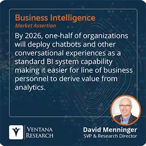By 2026, one-half of organizations will deploy chatbots and other conversational experiences as a standard BI system capability making it easier for line of business personnel to derive value from analytics. 