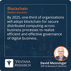 By 2025, one-third of organizations will adopt blockchain for secure distributed computing across business processes to realize efficient and effective governance of digital business. 