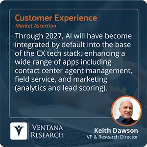 Through 2027, AI will have become integrated by default into the base of the CX tech stack, enhancing a wide range of apps including contact center agent management, field service, and marketing (analytics and lead scoring).
