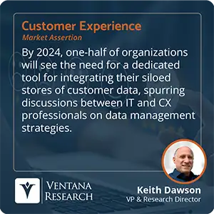 By 2024, one-half of organizations will see the need for a dedicated tool for integrating their siloed stores of customer data, spurring discussions between IT and CX professionals on data management strategies. 