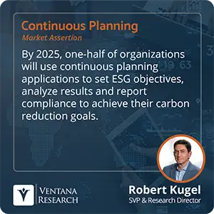 By 2025, one-half of organizations will use continuous planning applications to set ESG objectives, analyze results and report compliance to achieve their carbon reduction goals.